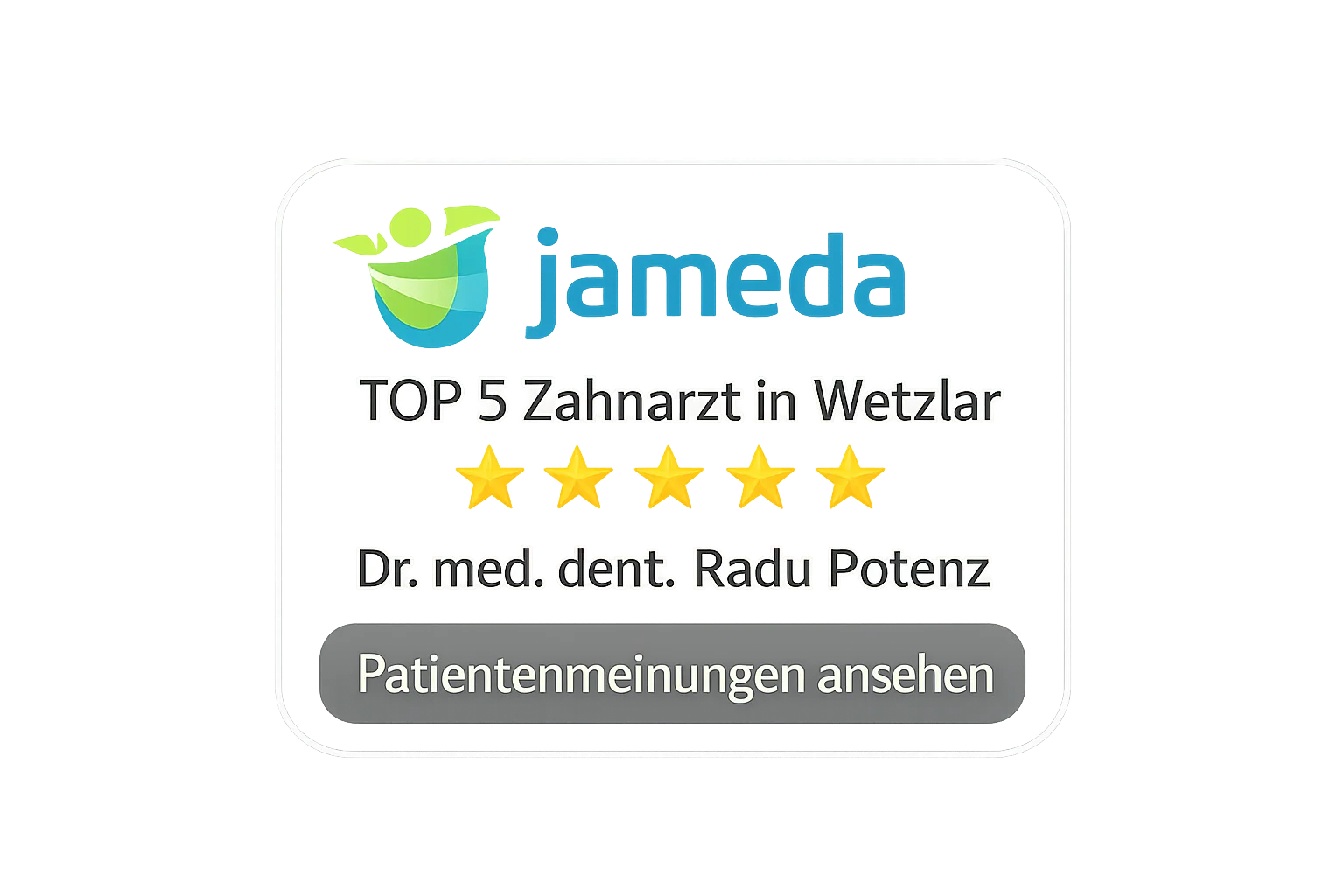 TOP 5 Zahnarzt Dr. Radu Potenz 
– Jameda Bewertungen mit leicht abgedunkeltem, mattem Hintergrund für bessere Lesbarkeit